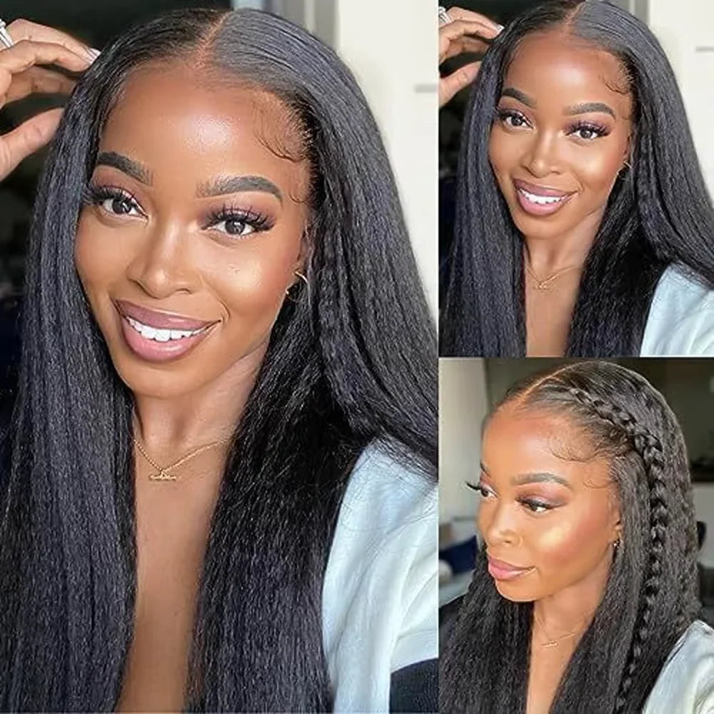 Kinky Straight 360 HD Lace Frontal Wig | Yaki Straight Ponytail Human Hair Wig for Black Women (Transparent Lace, Clearance Sale)