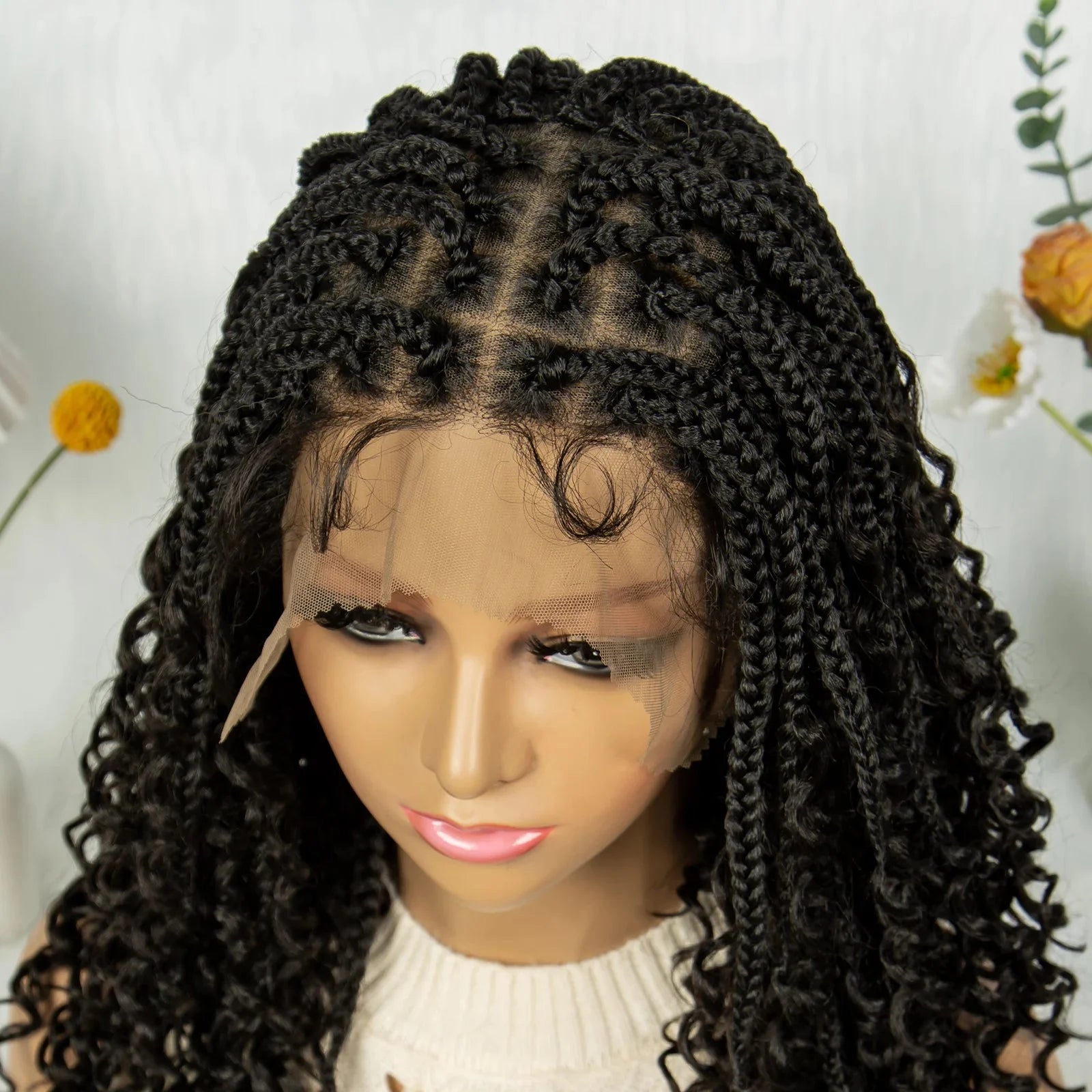 Short Bohemian Box Braids Wig | Full Lace | Curly Ends | Baby Hair | Synthetic Boho Wig