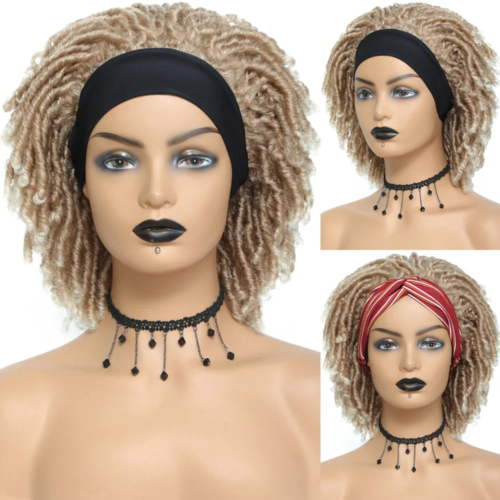 Soft Faux Locs Headband Wig - 6 Inch Ombre Dreadlock Wig for Black Women - Curly Braided Synthetic Wig with Headband - 1B, Burgundy, 27, 30, 613 Options