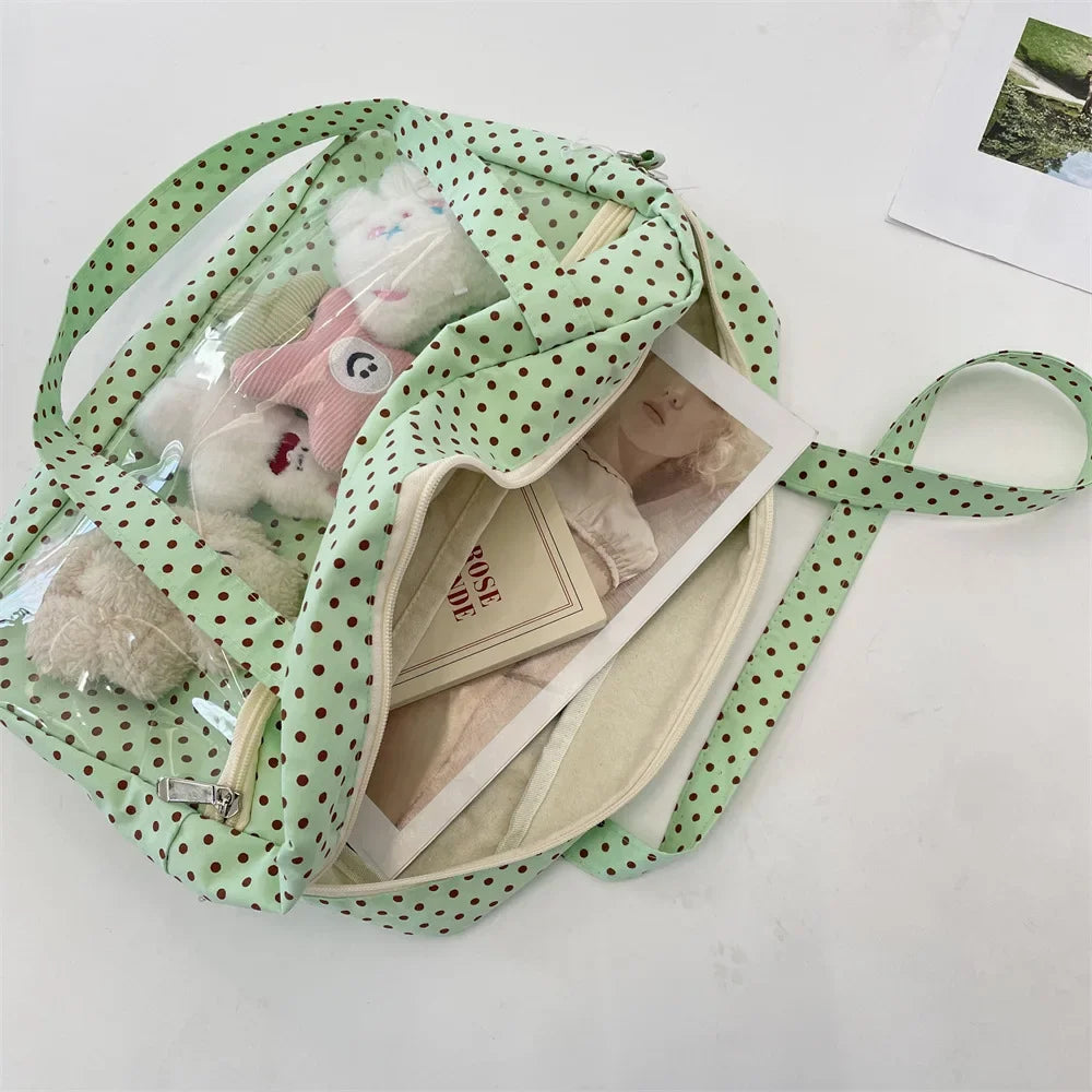 Y2K Ulzzang Ita Bag for Women | Trendy Polka Dot Canvas Shoulder & Underarm Tote (Transparent Pocket, Youth Fashion)