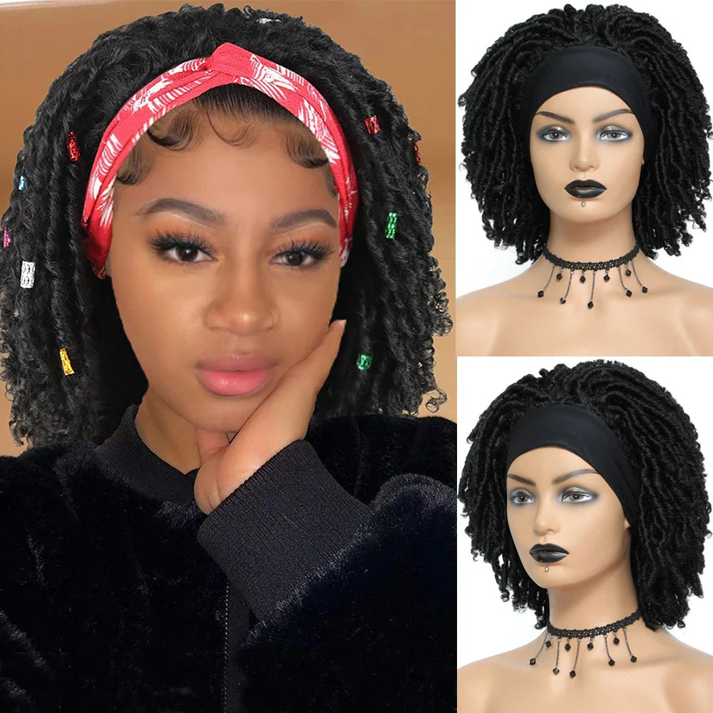 Soft Faux Locs Headband Wig - 6 Inch Ombre Dreadlock Wig for Black Women - Curly Braided Synthetic Wig with Headband - 1B, Burgundy, 27, 30, 613 Options