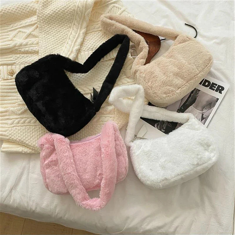 Simple Design Women's Soft Plush Hobo Shoulder Bag | Winter Furry Ladies Clutch Purse & Handbag (Fashion Female Underarm Bag)