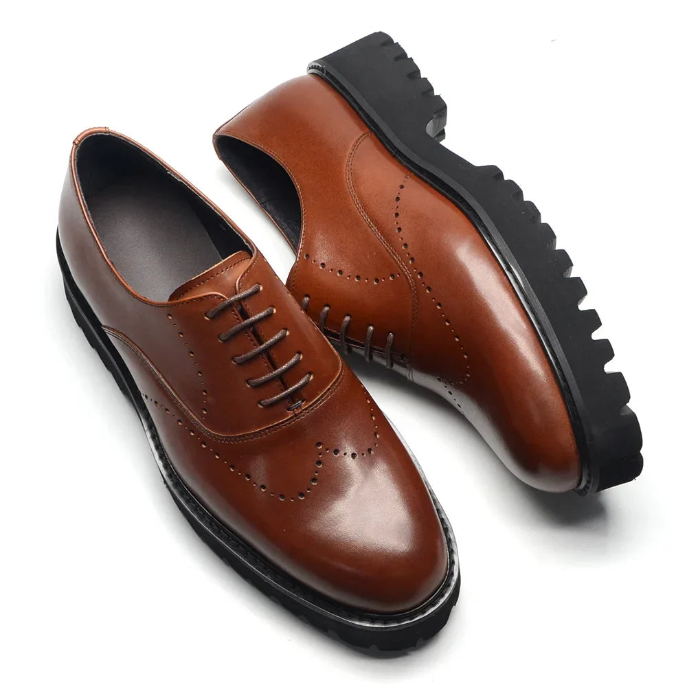 Luxury Men's Genuine Leather Platform Oxfords | Lightweight Black Sole Lace-Up Business & Casual Dress Shoes (Height Increasing)