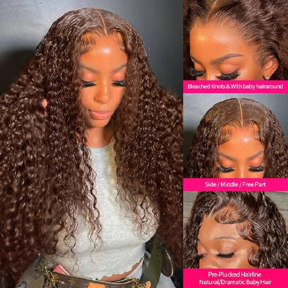 Chocolate Brown Deep Wave Frontal Wig | 13x4 HD Transparent Curly Lace Front Human Hair Wig (Bleached, Brazilian Brown Colored)