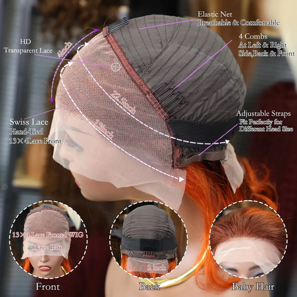 Ginger Orange Bob Wig | 13x4 Transparent Lace Front Brazilian Human Hair