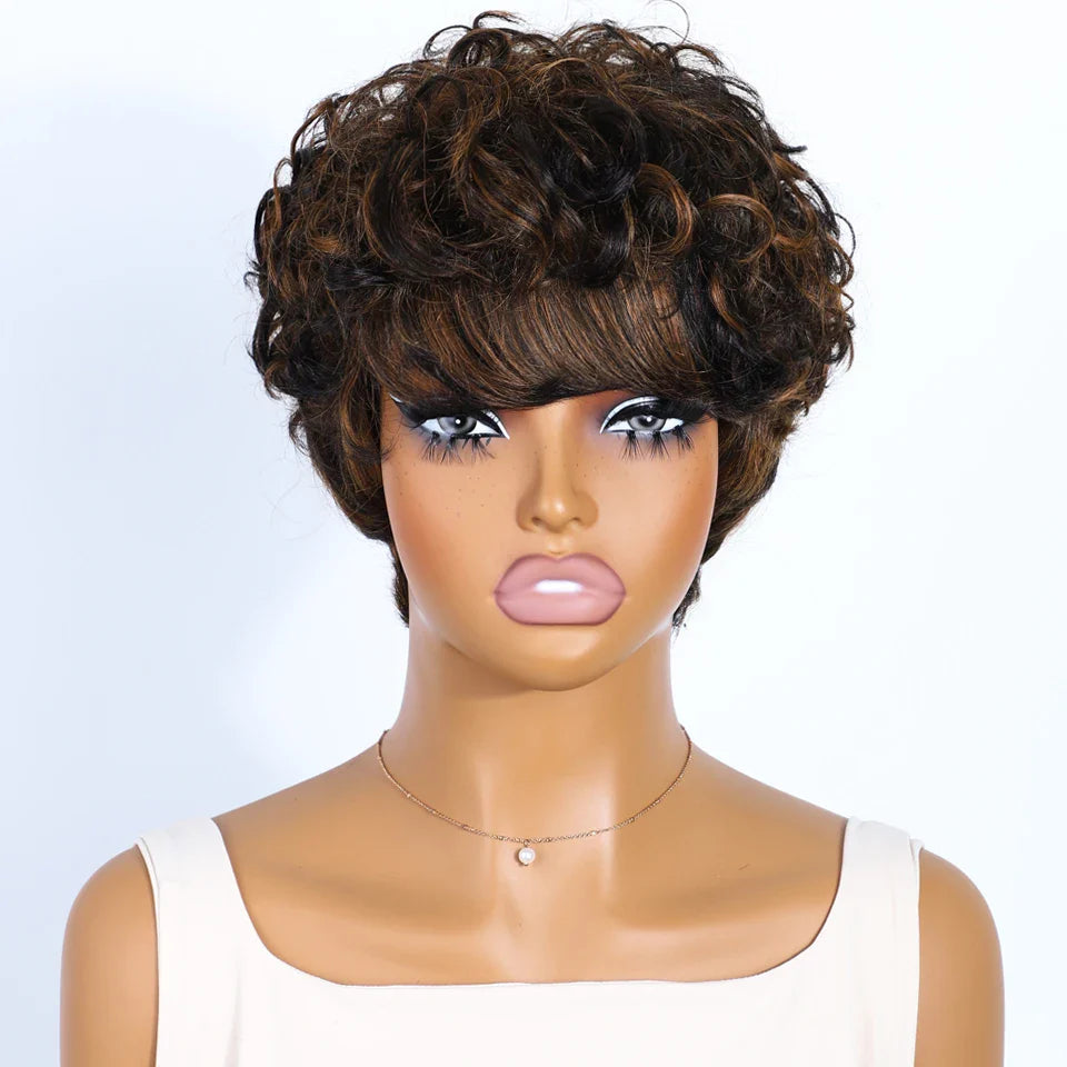 Rebecca P1B/30 Brown Pixie Cut Wig | Curly Side Part Brazilian Human Hair