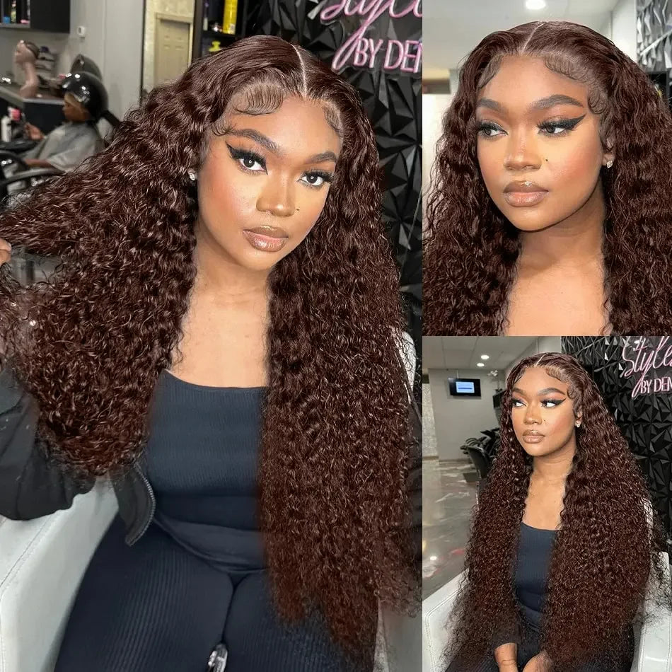 Chocolate Brown Deep Wave Frontal Wig | 13x4 HD Transparent Curly Lace Front Human Hair Wig (Bleached, Brazilian Brown Colored)