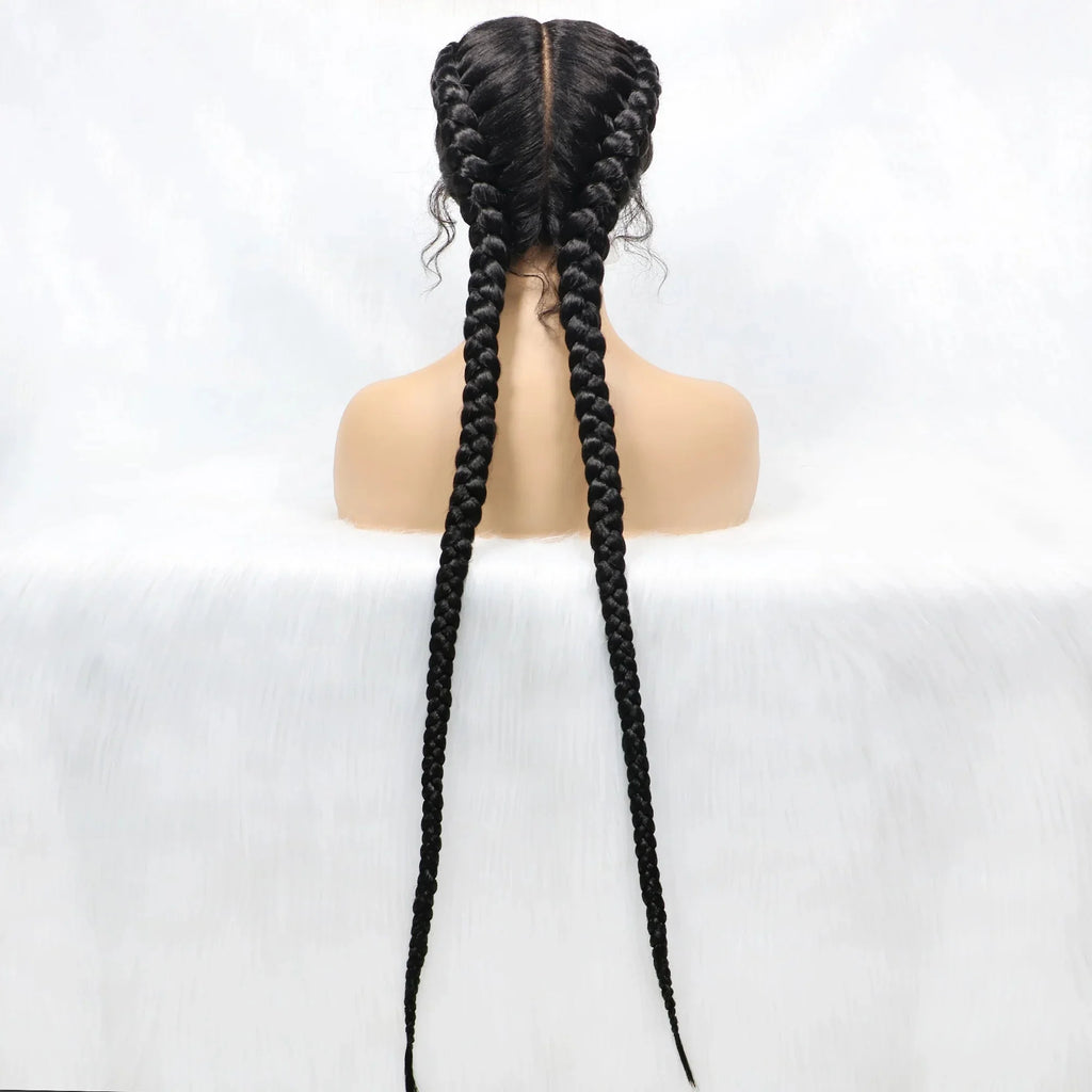 Handmade Double Dutch Cornrow Braided Wig | Natural Black Lace Front | Baby Hair | Kanekalon Synthetic Wig for Women