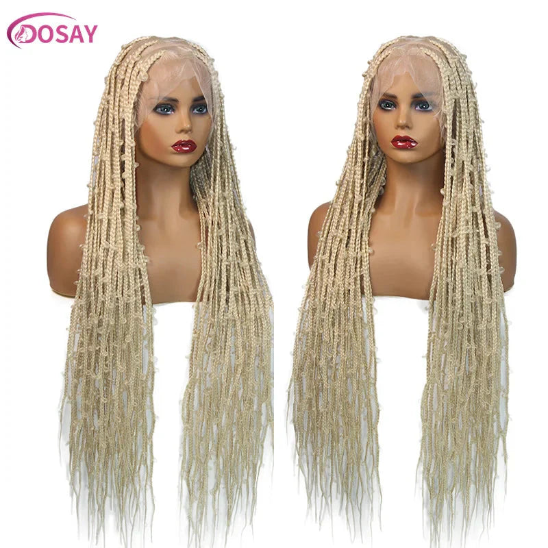 36" Butterfly Braided Full Lace Wig | Honey Blonde & Burgundy Goddess Locs | Synthetic Box Braids | Transparent Lace