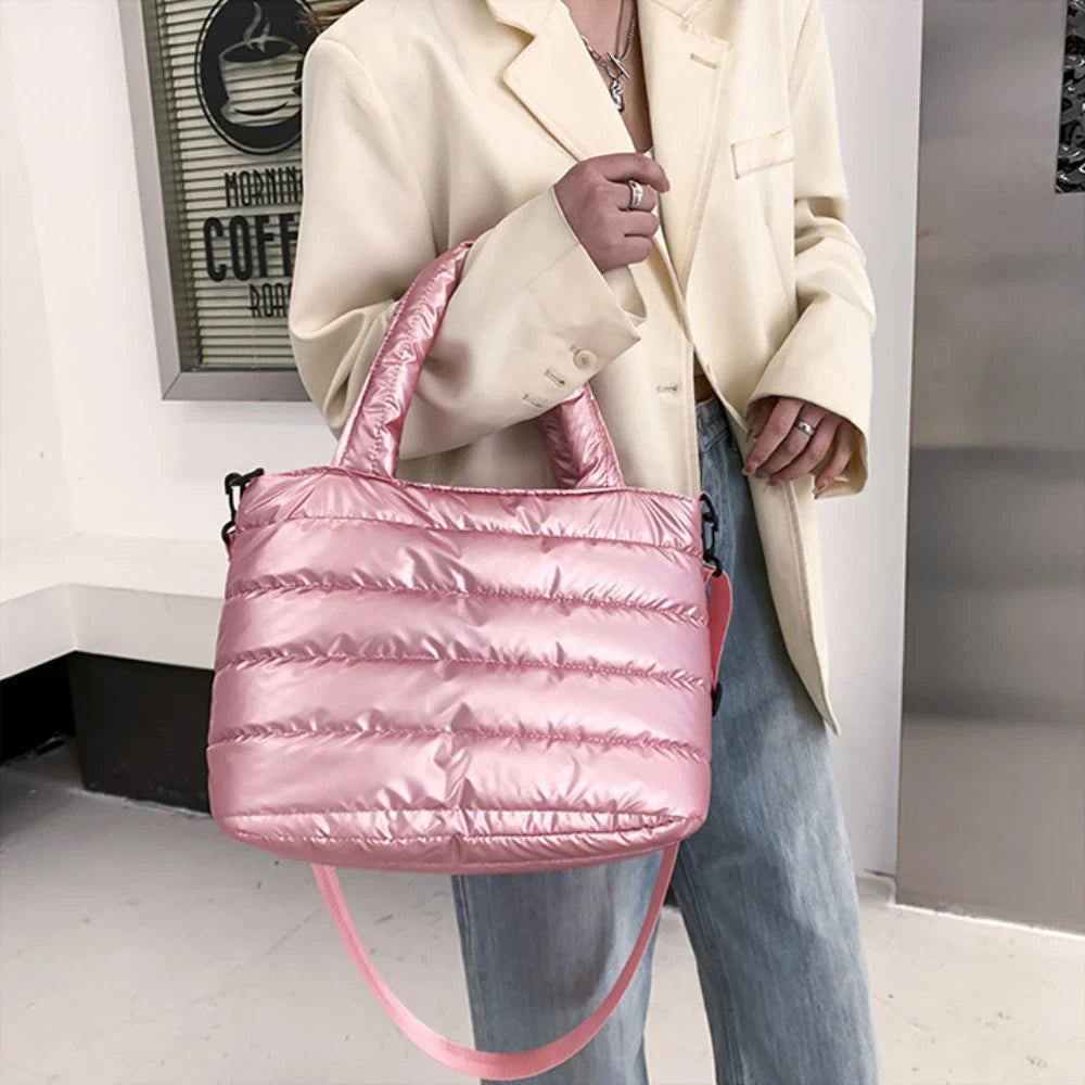 New Puffer Tote Bag for Women | Quilted Puffy Handbag & Lightweight Down Cotton Padded Shoulder & Crossbody Bag