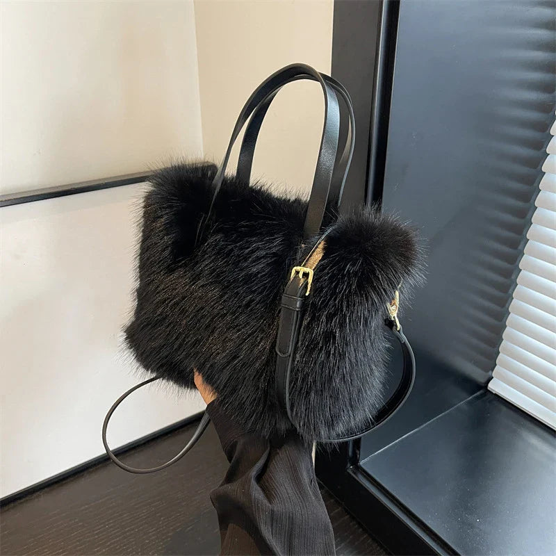 Faux Fur Tote Bag Women's | Bucket Plush Luxury Design Ladies Handbags & Soft Winter Crossbody Shoulder Bags (Bolsa Feminina)
