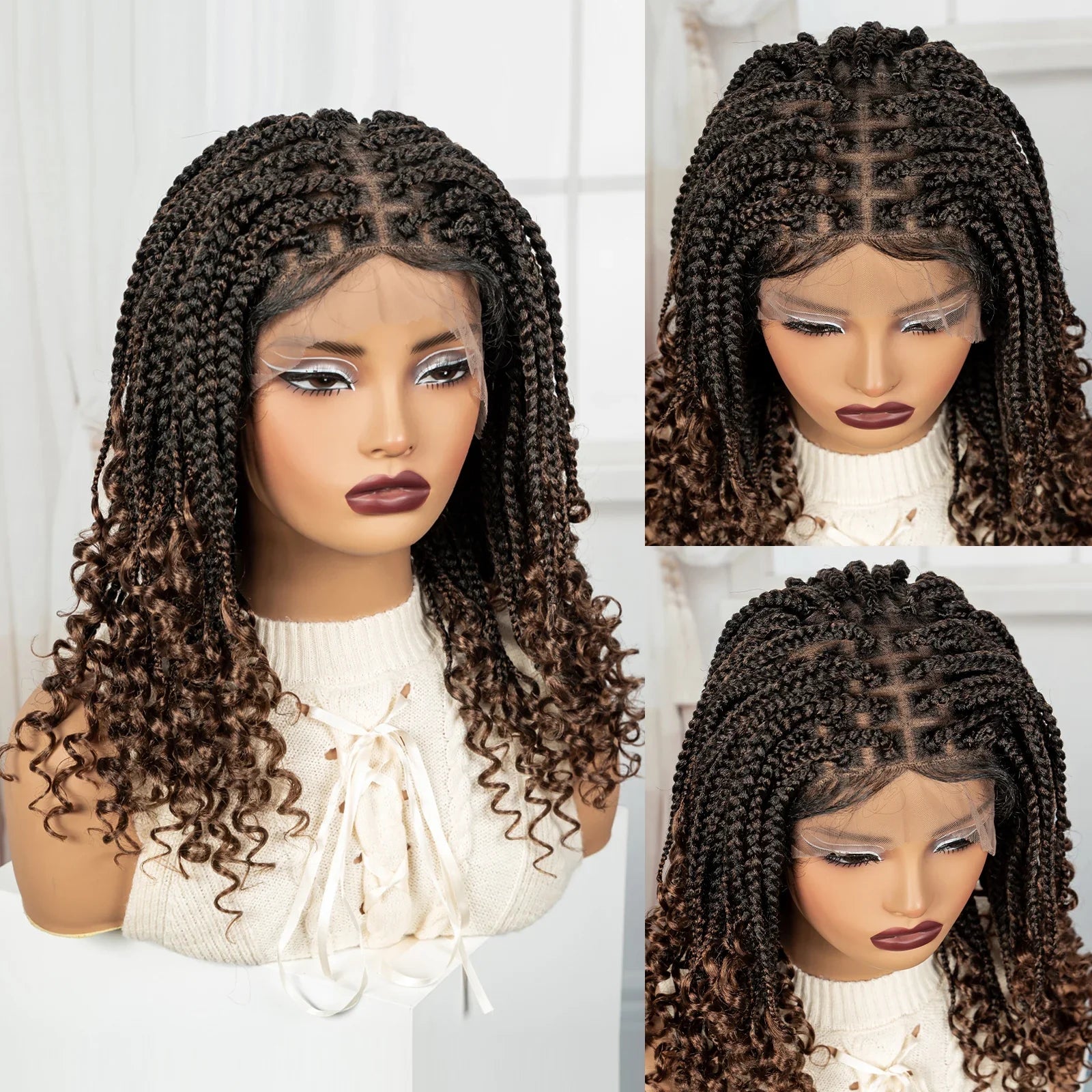 Ombre Boho Knotless Braids Bob Wig with Curly Ends | Full Lace