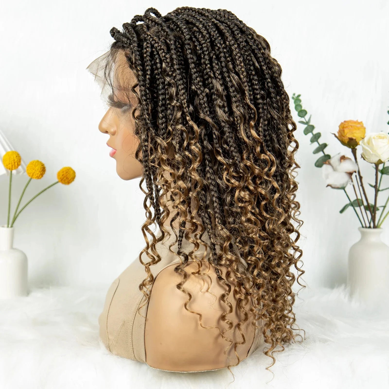Short Bohemian Box Braids Wig | Full Lace | Curly Ends | Baby Hair | Synthetic Boho Wig