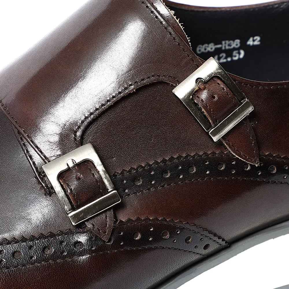 Luxury Men's Double Buckle Monk Strap Flats | Genuine Leather Casual Walk Shoes (Dark Brown, Black)