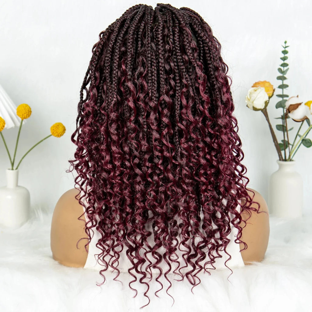 Short Bohemian Box Braids Wig | Full Lace | Curly Ends | Baby Hair | Synthetic Boho Wig