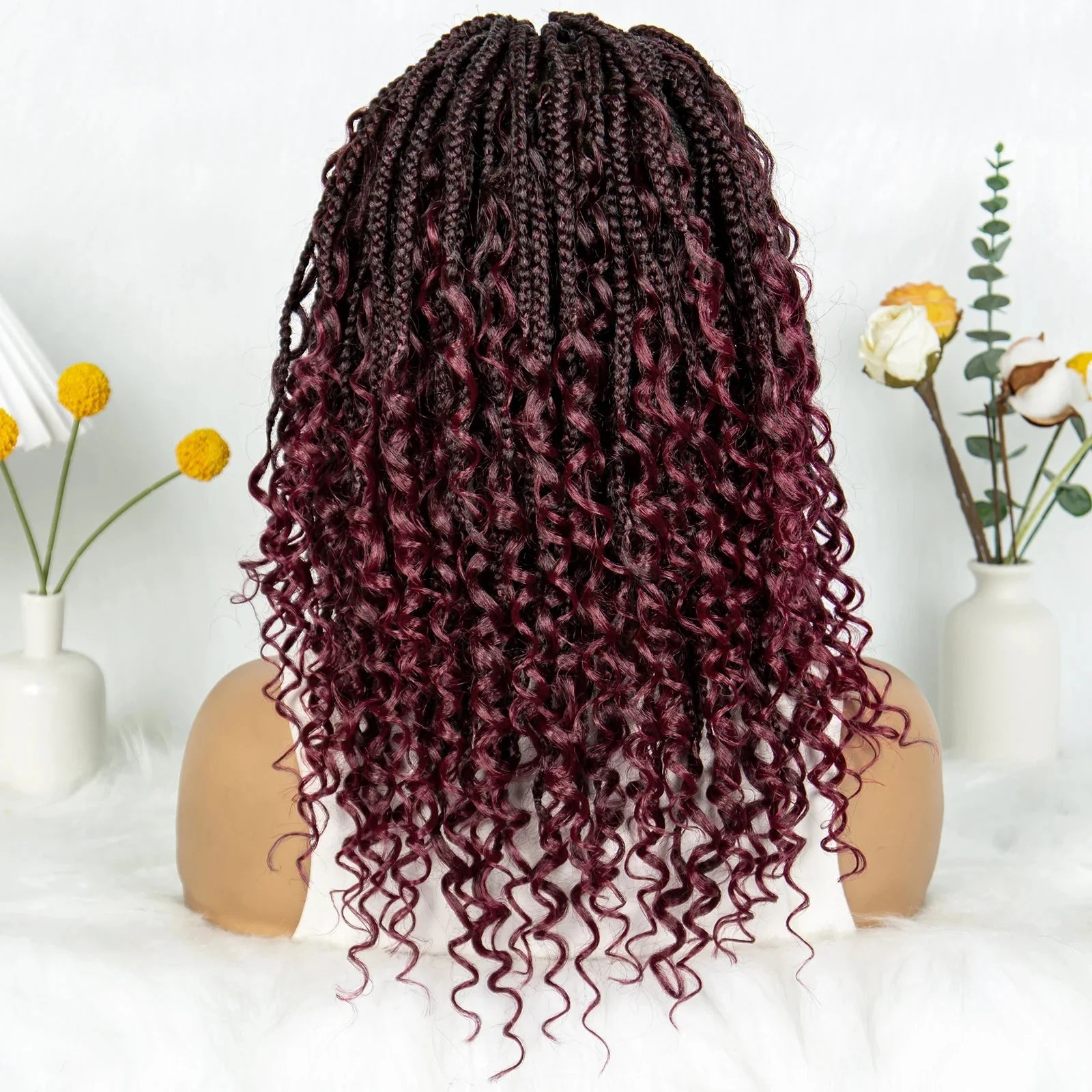 Short Bohemian Box Braids Wig | Full Lace | Curly Ends | Baby Hair | Synthetic Boho Wig