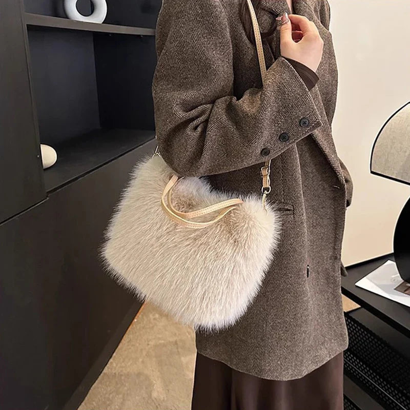 Faux Fur Tote Bag Women's | Bucket Plush Luxury Design Ladies Handbags & Soft Winter Crossbody Shoulder Bags (Bolsa Feminina)