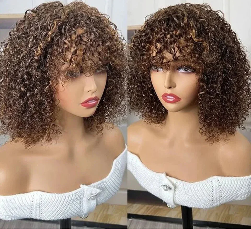 Highlight Honey Blonde Jerry Curly Pixie Bob Wig with Bangs | Full Machine Made Human Hair