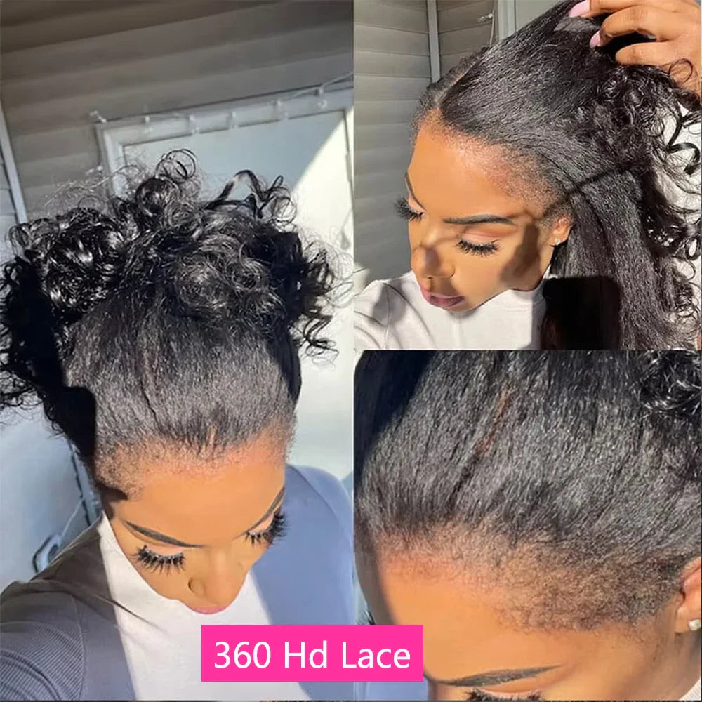 Kinky Straight 360 HD Lace Frontal Wig | Yaki Straight Ponytail Human Hair Wig for Black Women (Transparent Lace, Clearance Sale)