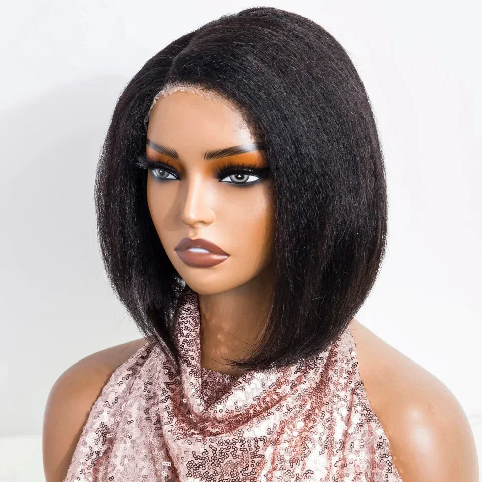 Short Kinky Straight Bob Wig | Glueless Human Hair C Lace with Natural Hairline