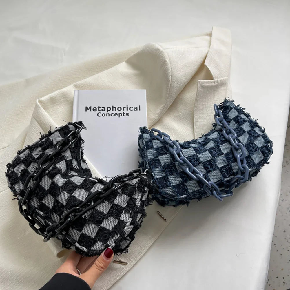 Vintage Women's Casual Shoulder & Underarm Bag | Plaid Pattern Denim Small Purse (Ladies Chain Leisure Handbag, Hobo Style)