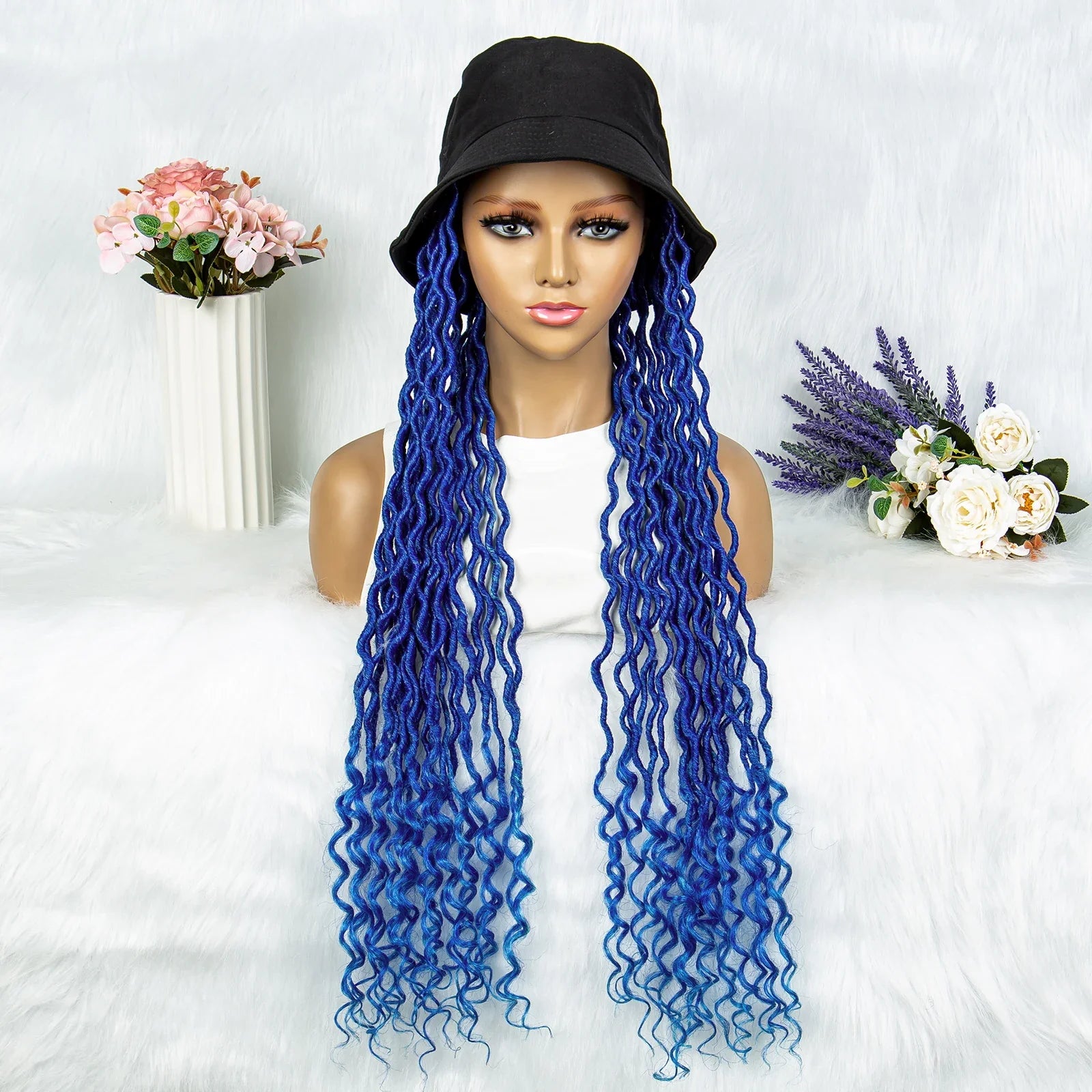 30" Crochet Afro Dreadlocks Bucket Hat Wig | Synthetic Braided Hair | Curly Ends | Black Women