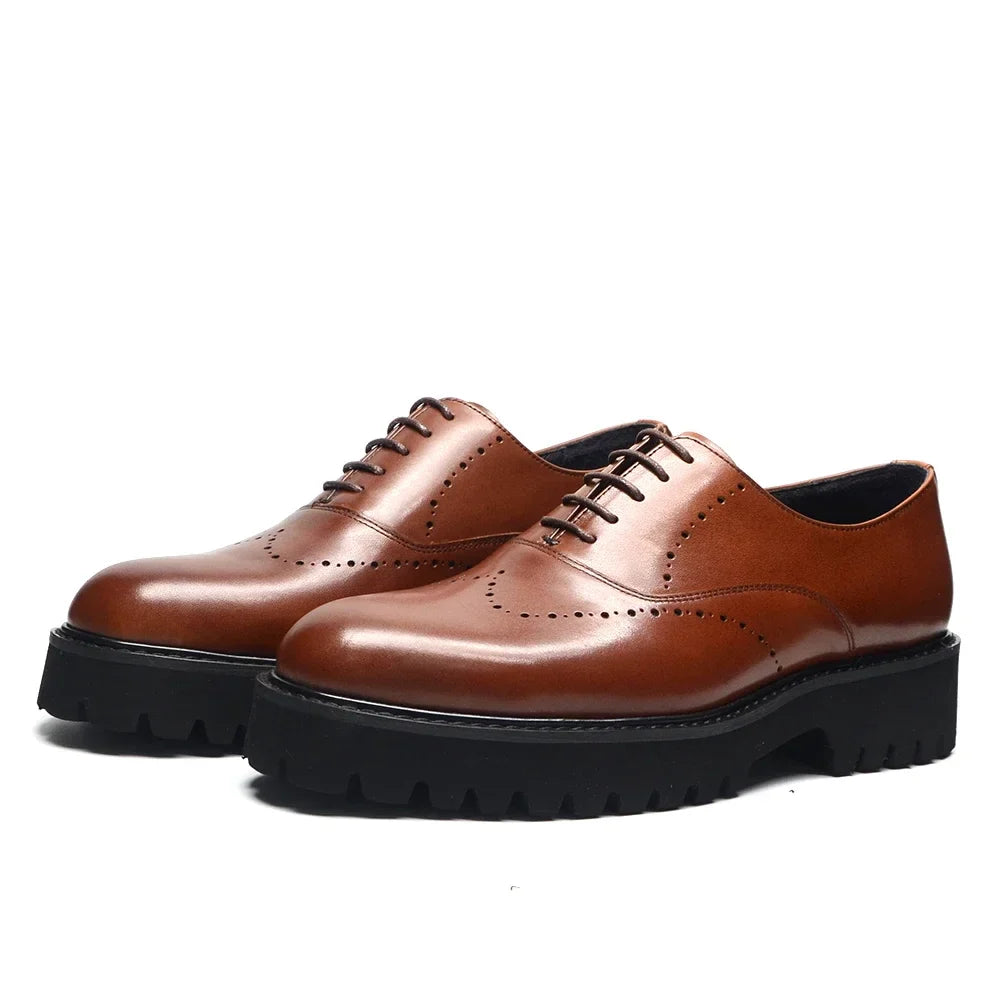 Luxury Men's Genuine Leather Platform Oxfords | Lightweight Black Sole Lace-Up Business & Casual Dress Shoes (Height Increasing)