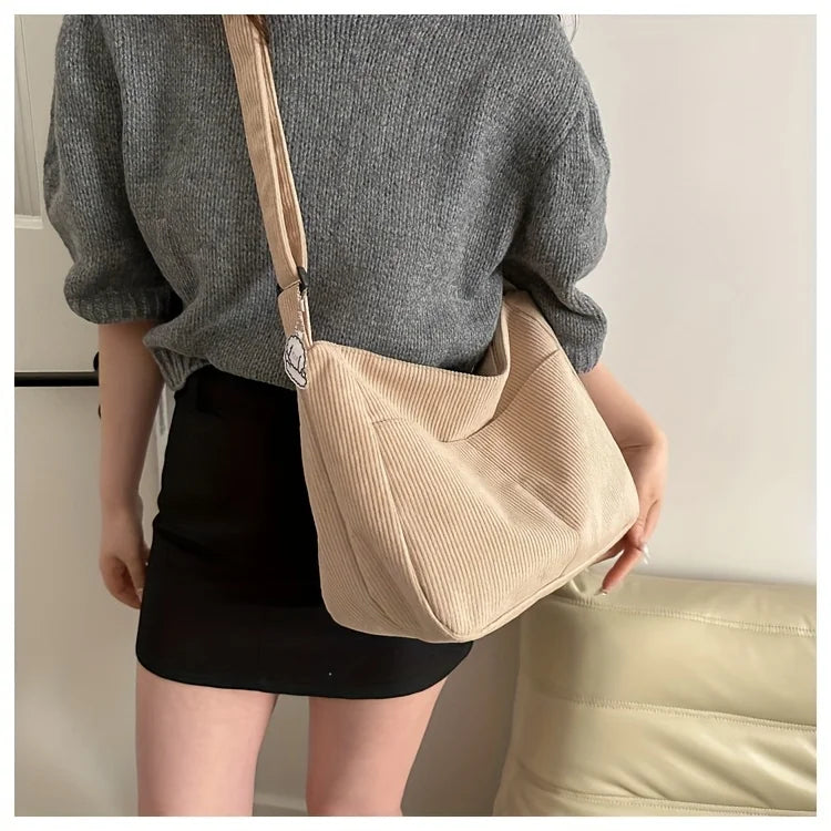 Women's Corduroy Shoulder Bag | Casual Striped Large Capacity Tote with Zipper (Cute Hat Patch, Everyday Use)