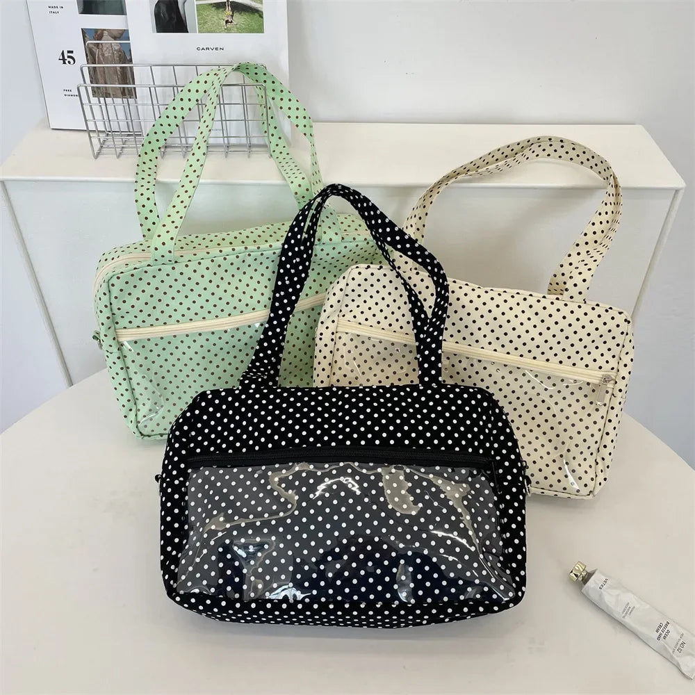 Y2K Ulzzang Ita Bag for Women | Trendy Polka Dot Canvas Shoulder & Underarm Tote (Transparent Pocket, Youth Fashion)