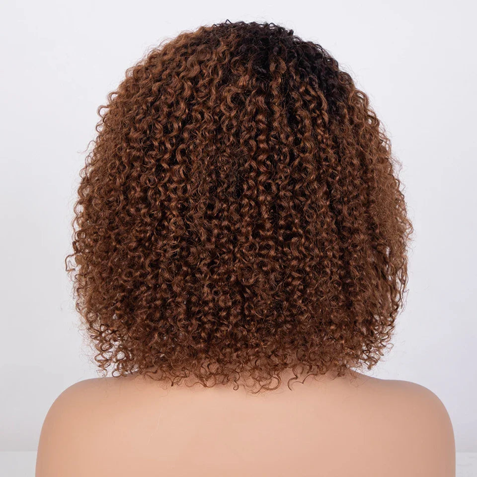 Ombre Highlight Afro Kinky Curly Human Hair Bob Wig | Full Machine Made Brazilian Remy