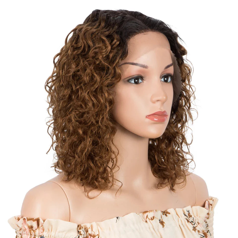 Sleek Curly Human Hair Wig | Brown Highlights | 13x1 T Part Lace Wig | Brazilian Remy Hair | Water Wave