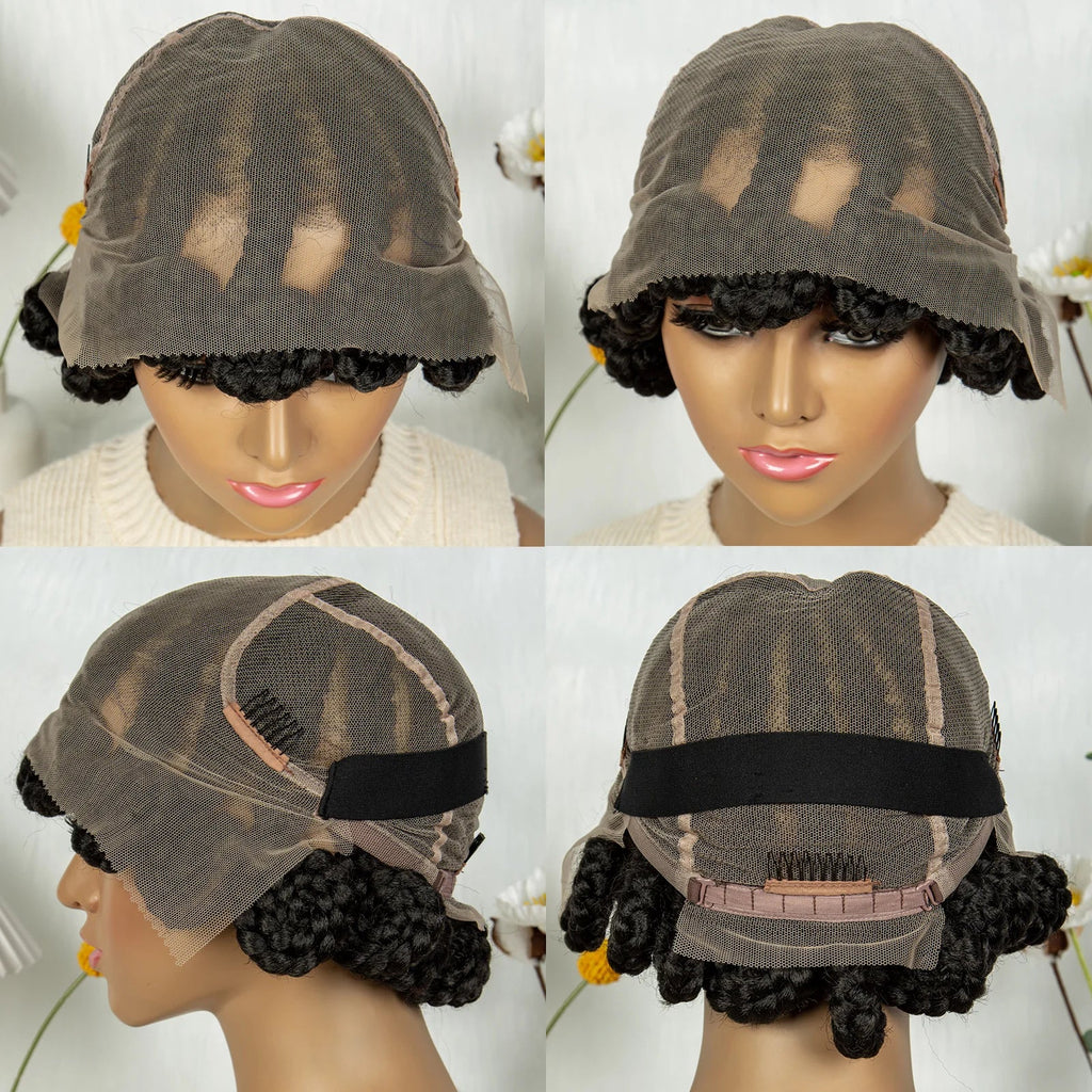 Short Bantu Knot Braided Wig | Full Lace | Synthetic Hair | Baby Hairs | Transparent Lace | Cute Braids Wig for Women