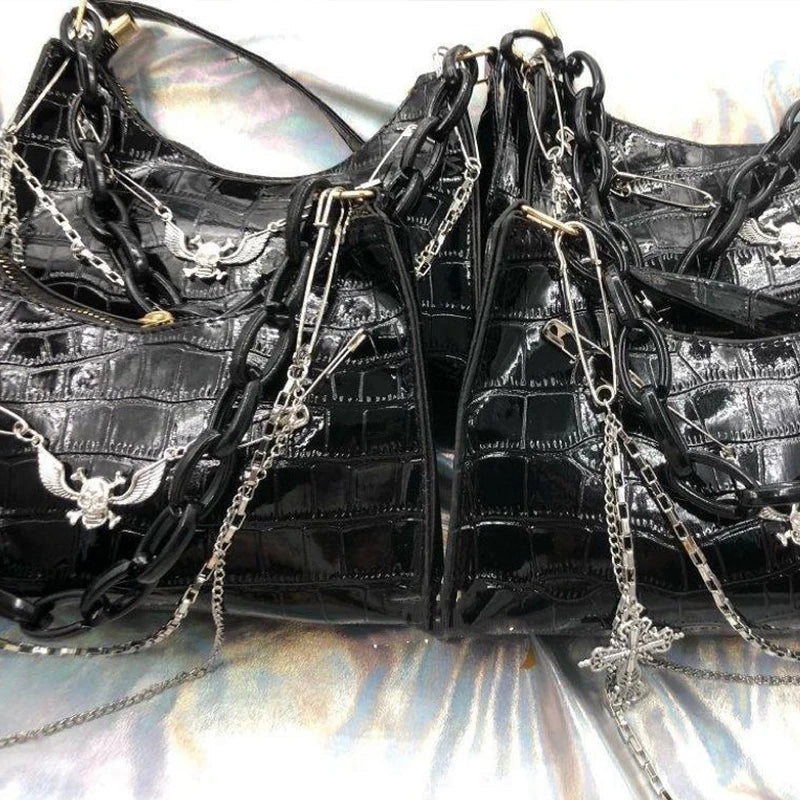 Gothic Dark Punk Underarm Bag | Skull Shoulder Bag & Y2K Chain Crocodile Pattern Crossbody Bag (Korean Popular Aesthetic Handbags)