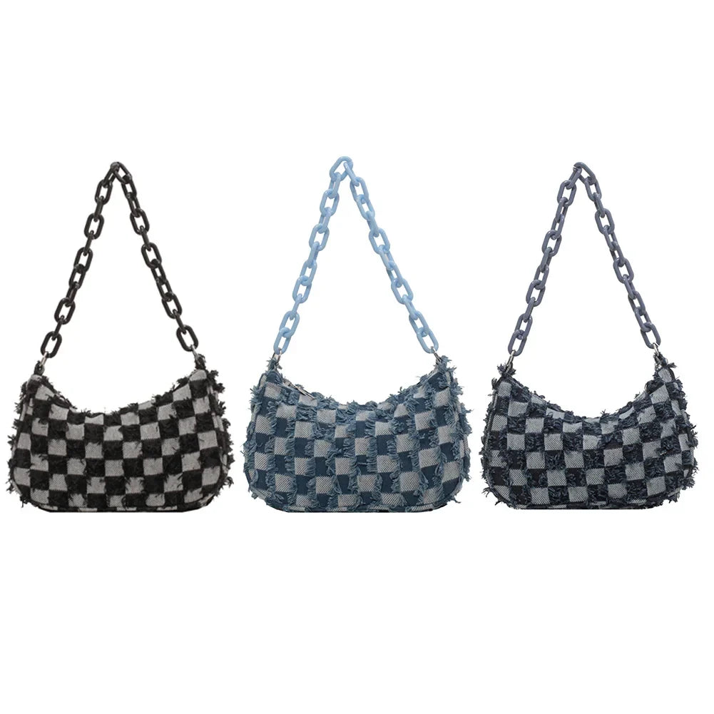 Vintage Women's Casual Shoulder & Underarm Bag | Plaid Pattern Denim Small Purse (Ladies Chain Leisure Handbag, Hobo Style)