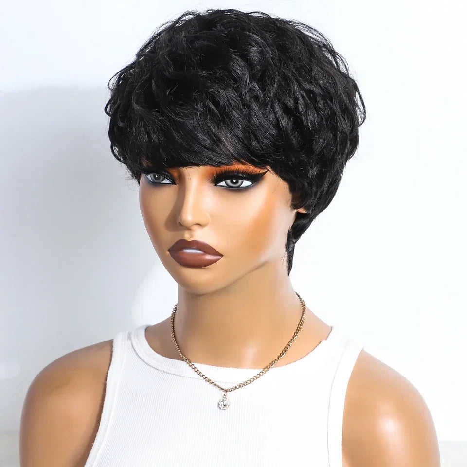 Rebecca P1B/30 Brown Pixie Cut Wig | Curly Side Part Brazilian Human Hair