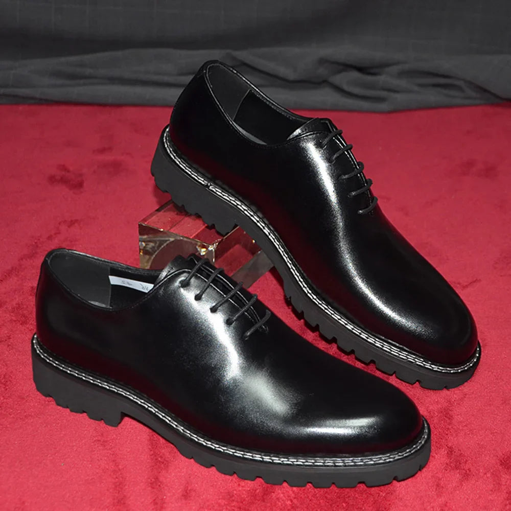 Elegant Black Men's Dress Shoes | Genuine Natural Whole Leather Oxfords (Height Increasing, Breathable)