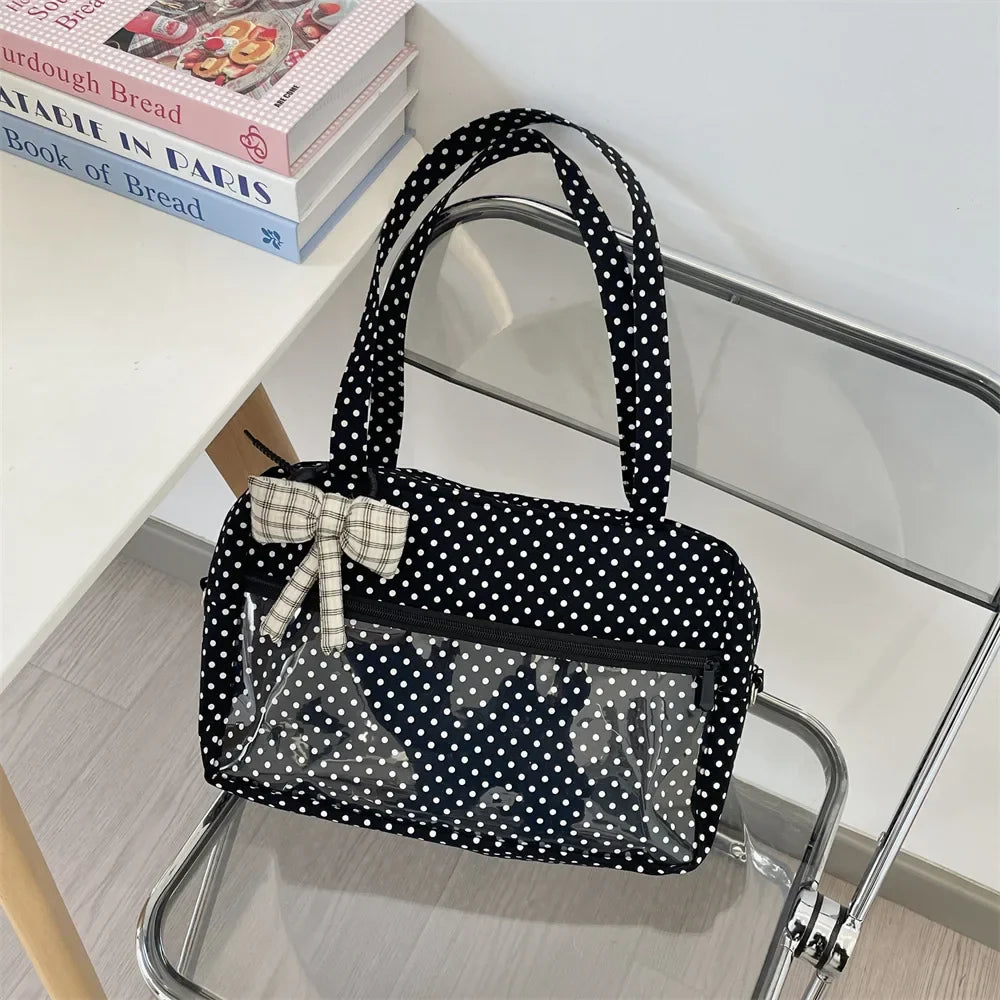 Y2K Ulzzang Ita Bag for Women | Trendy Polka Dot Canvas Shoulder & Underarm Tote (Transparent Pocket, Youth Fashion)