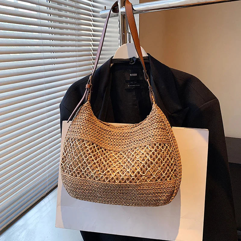 Large Capacity Summer Straw Weaving Shoulder Bag | Women's Handmade Crochet Beach Handbag & Woven Hollow Out Underarm Knitting Bag