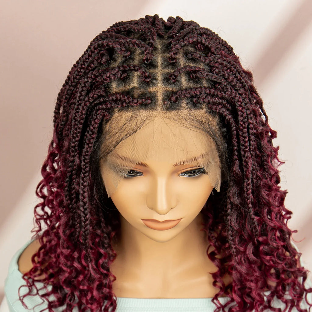 Burgundy Knotless Box Braids Wig with Curly Ends | Full Lace