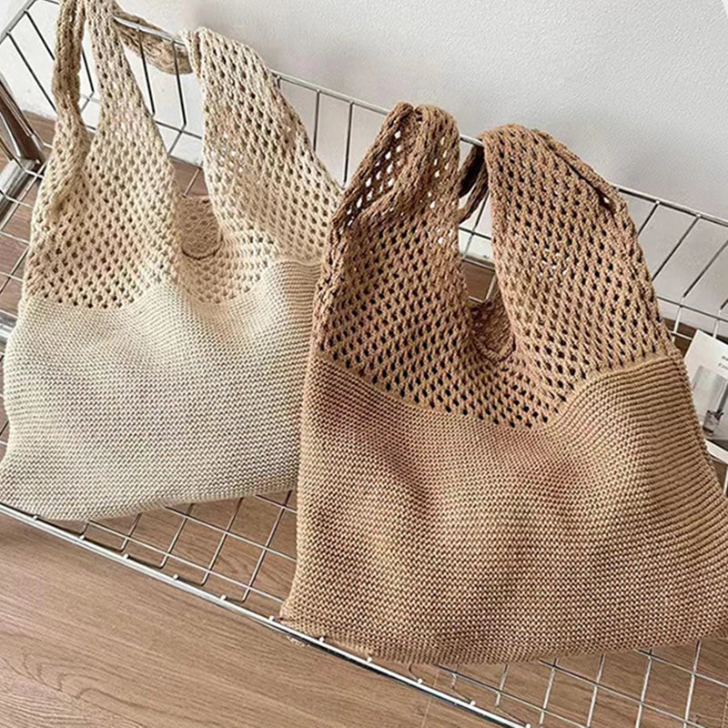 New Trend Women's Crochet Handbag | Retro Knitted Braid Solid Color Hollow Top-Handle Tote Bag (Black Khaki Shopper)