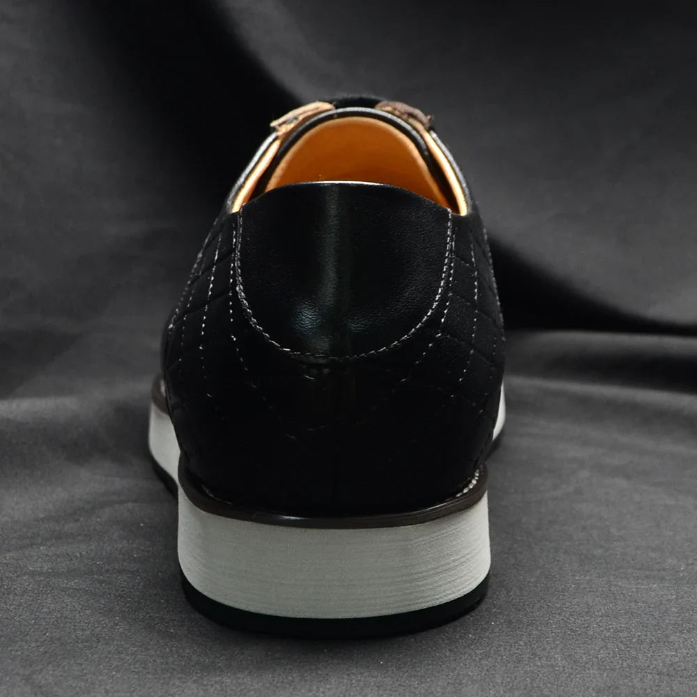 Europe 2024 Fall Luxury Men's Genuine Leather Plaid Casual Shoes | Black & Dark Brown Business Sneakers (Height Increasing)