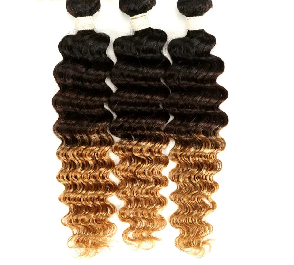 Ombre Brazilian Deep Wave Human Hair Bundles | Remy 2 Tone Color T1B/27#, T1B/30#, T1B/99J# (1, 3, or 4 Pcs)