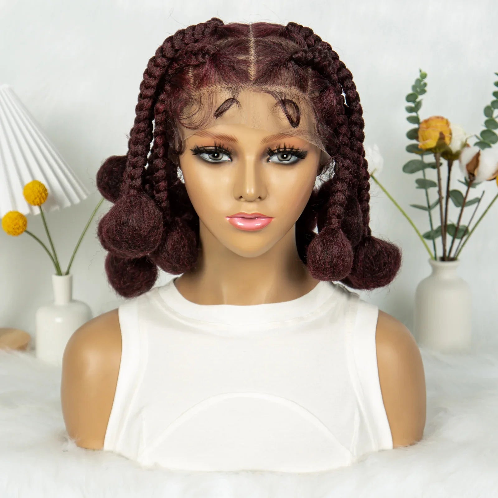 KIMA Burgundy Jumbo Box Braids Full Lace Wig | 350 Colored Bubble Braids with Baby Hair