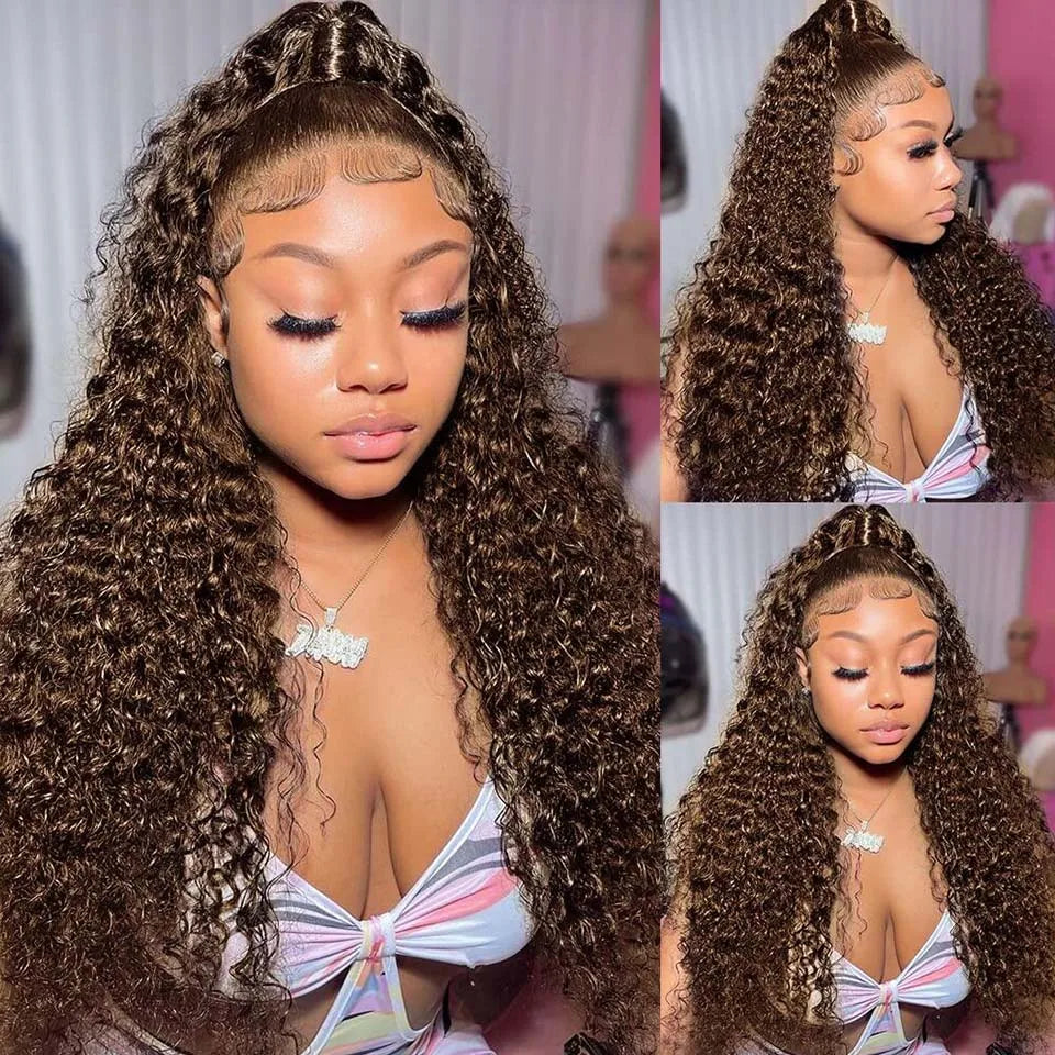 Chocolate Brown Deep Wave Frontal Wig | 13x4 HD Transparent Curly Lace Front Human Hair Wig (Bleached, Brazilian Brown Colored)