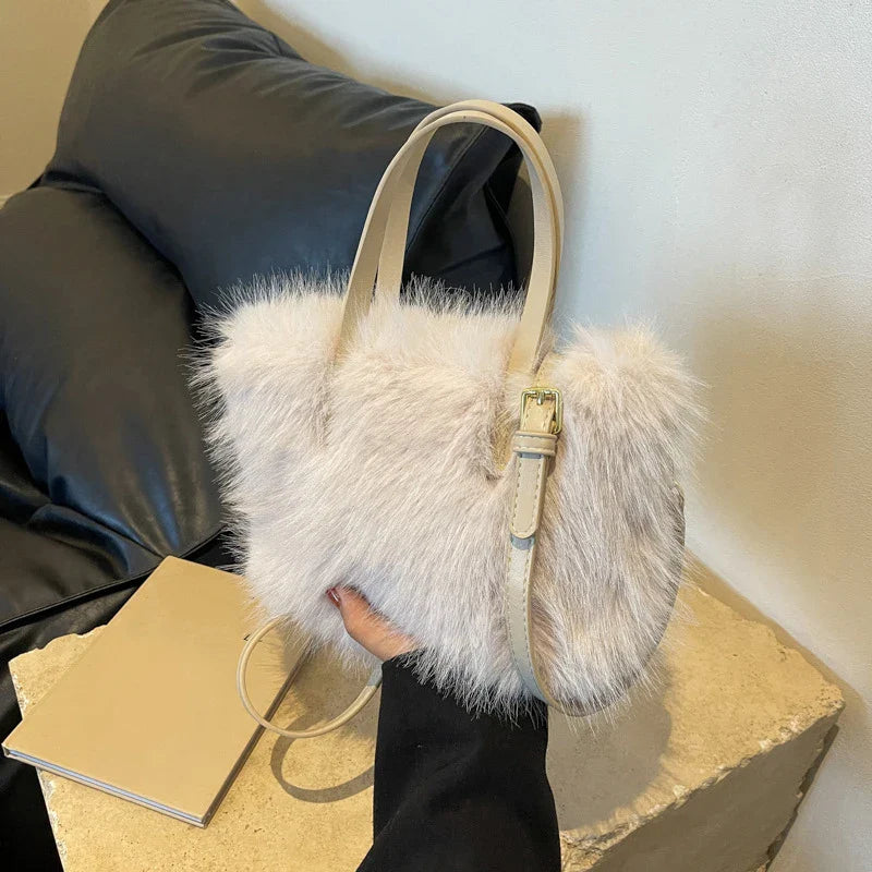 Faux Fur Tote Bag Women's | Bucket Plush Luxury Design Ladies Handbags & Soft Winter Crossbody Shoulder Bags (Bolsa Feminina)