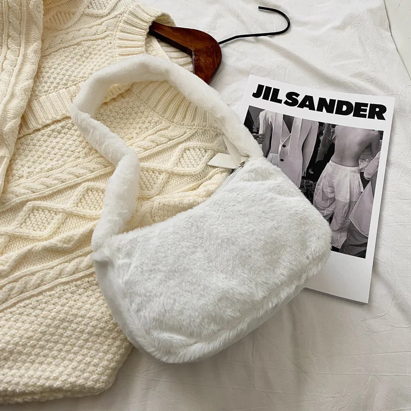 Simple Design Women's Soft Plush Hobo Shoulder Bag | Winter Furry Ladies Clutch Purse & Handbag (Fashion Female Underarm Bag)