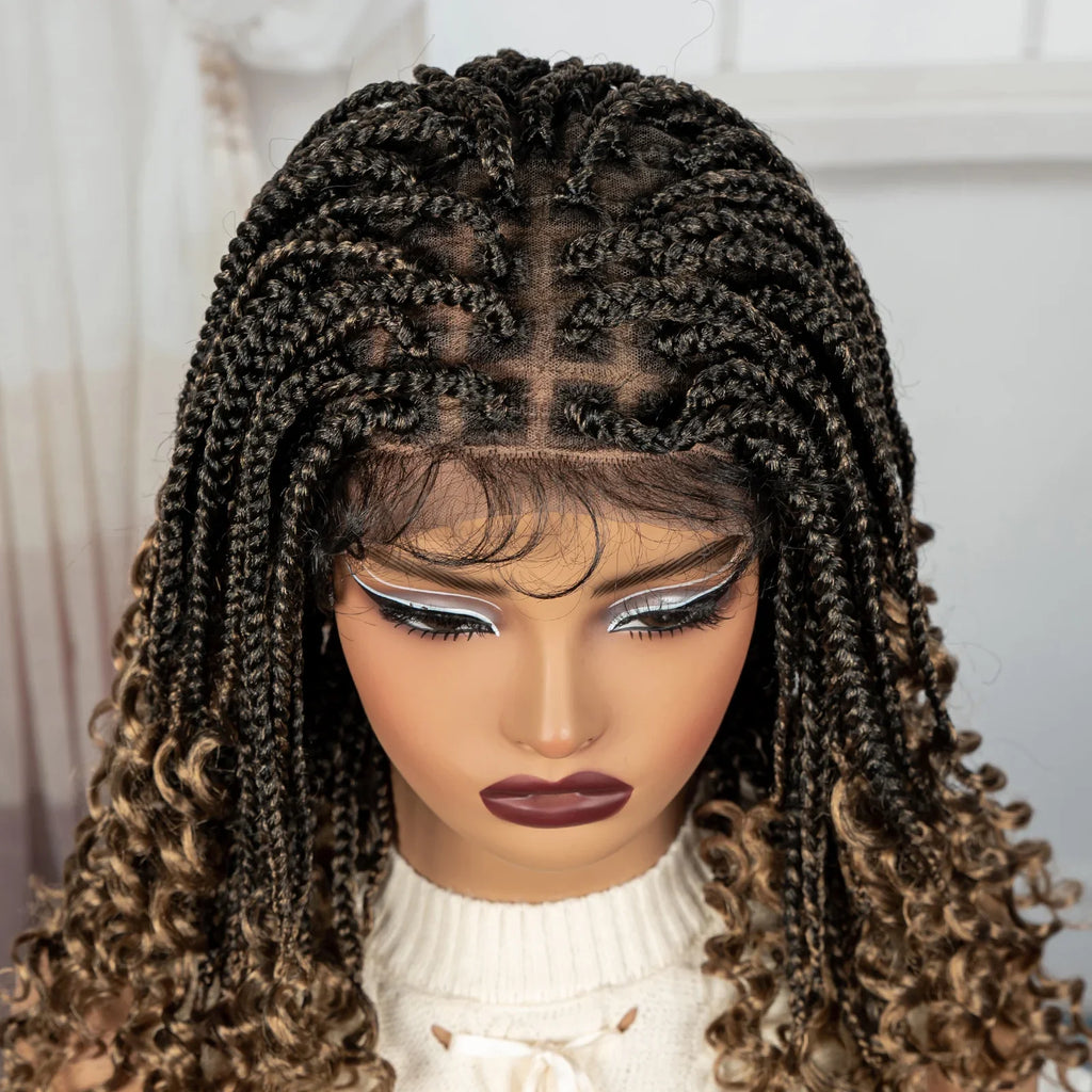 Ombre Boho Knotless Braids Bob Wig with Curly Ends | Full Lace
