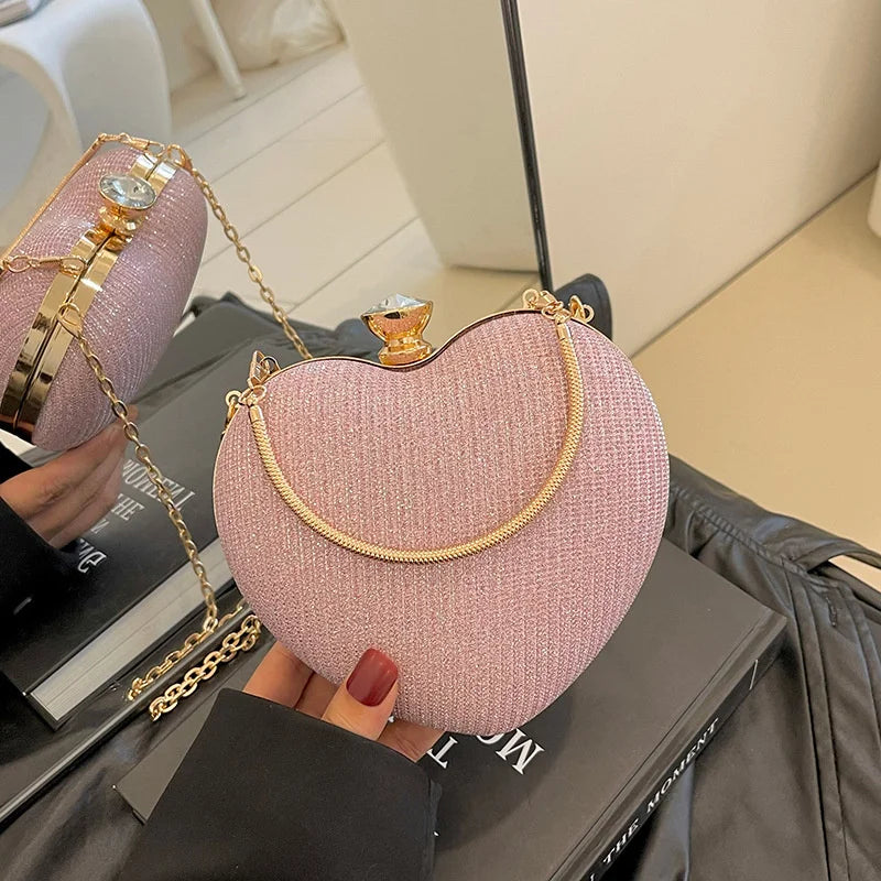 Shiny Heart Shape Metal Evening Clutch Bag for Women | Fashion Chain Shoulder Crossbody Bag (Luxury Lady Purse)