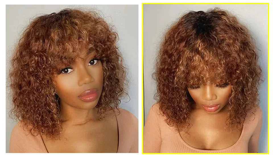 Highlight Honey Blonde Jerry Curly Pixie Bob Wig with Bangs | Full Machine Made Human Hair