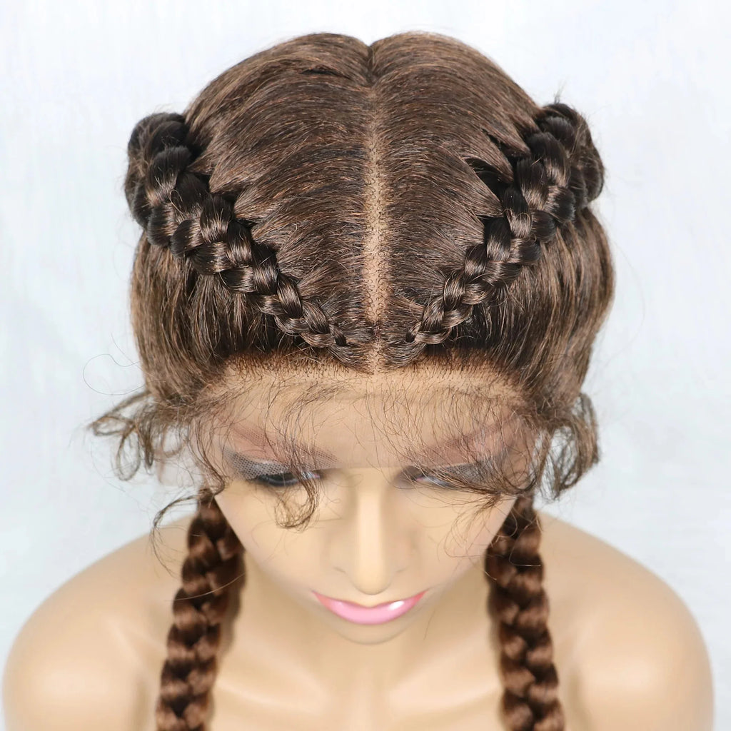 Handmade Double Dutch Cornrow Braided Wig | Natural Black Lace Front | Baby Hair | Kanekalon Synthetic Wig for Women
